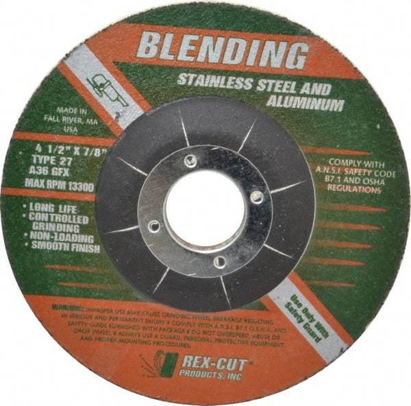 Rex Cut Product - 36 Grit, 4-1/2" Wheel Diam, 1/4" Wheel Thickness, 7/8" Arbor Hole, Type 27 Depressed Center Wheel - Aluminum Oxide, Rubber Bond, 13,300 Max RPM, Compatible with Angle Grinder - Industrial Tool & Supply