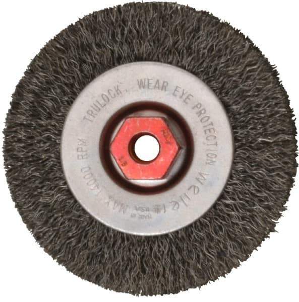 Weiler - 4" OD, M10x1.50 Arbor Hole, Crimped Steel Wheel Brush - 1/2" Face Width, 7/8" Trim Length, 0.014" Filament Diam, 14,000 RPM - Industrial Tool & Supply