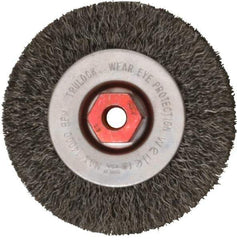 Weiler - 4" OD, M10x1.50 Arbor Hole, Crimped Steel Wheel Brush - 1/2" Face Width, 7/8" Trim Length, 0.014" Filament Diam, 14,000 RPM - Industrial Tool & Supply