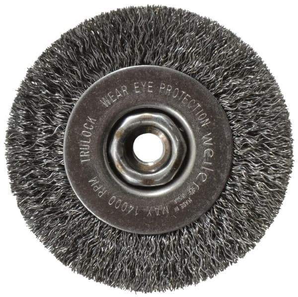 Weiler - 4" OD, 1/2-13 Arbor Hole, Crimped Steel Wheel Brush - 1/2" Face Width, 7/8" Trim Length, 0.014" Filament Diam, 14,000 RPM - Industrial Tool & Supply