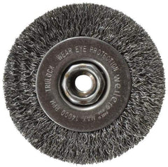 Weiler - 4" OD, 1/2-13 Arbor Hole, Crimped Steel Wheel Brush - 1/2" Face Width, 7/8" Trim Length, 0.014" Filament Diam, 14,000 RPM - Industrial Tool & Supply