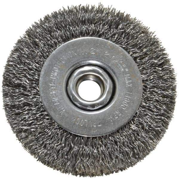 Weiler - 4" OD, 5/8-11 Arbor Hole, Crimped Steel Wheel Brush - 1/2" Face Width, 7/8" Trim Length, 0.014" Filament Diam, 14,000 RPM - Industrial Tool & Supply