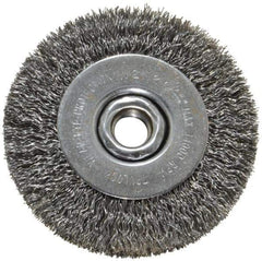 Weiler - 4" OD, 5/8-11 Arbor Hole, Crimped Steel Wheel Brush - 1/2" Face Width, 7/8" Trim Length, 0.014" Filament Diam, 14,000 RPM - Industrial Tool & Supply