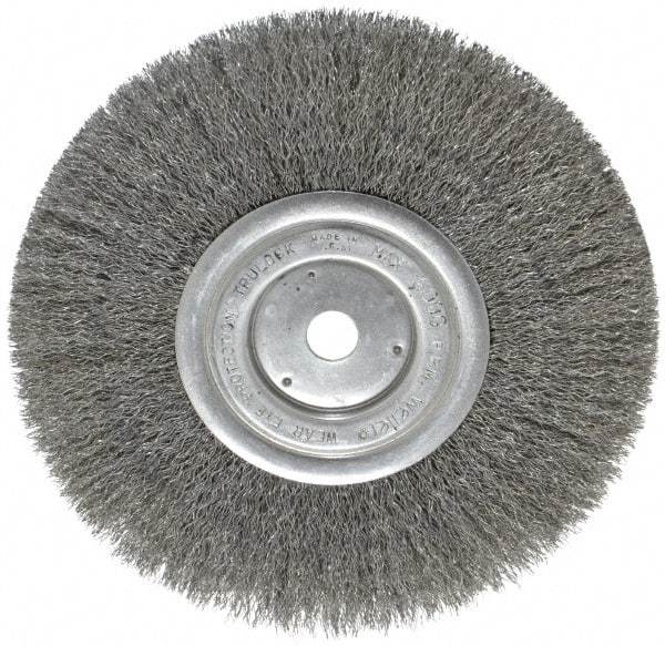 Weiler - 8" OD, 5/8" Arbor Hole, Crimped Steel Wheel Brush - 3/4" Face Width, 2-1/16" Trim Length, 0.0104" Filament Diam, 6,000 RPM - Industrial Tool & Supply