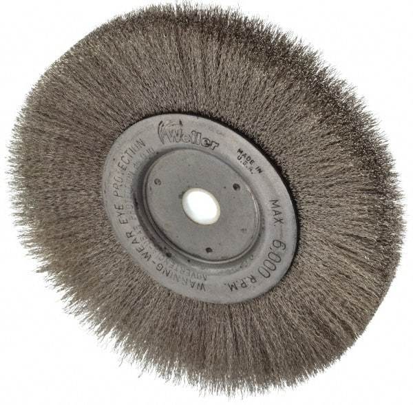 Weiler - 6" OD, 5/8" Arbor Hole, Crimped Stainless Steel Wheel Brush - 3/4" Face Width, 1-7/16" Trim Length, 0.006" Filament Diam, 6,000 RPM - Industrial Tool & Supply