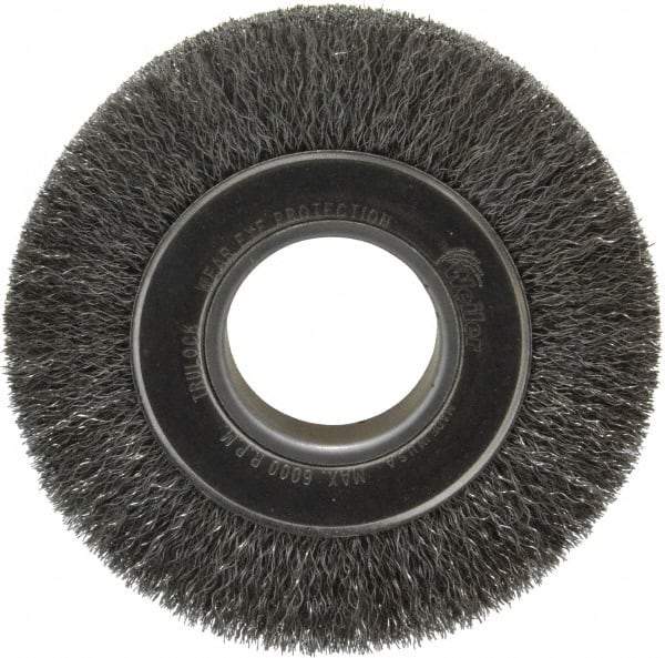Weiler - 6" OD, 2" Arbor Hole, Crimped Steel Wheel Brush - 1" Face Width, 1-1/8" Trim Length, 0.0104" Filament Diam, 6,000 RPM - Industrial Tool & Supply