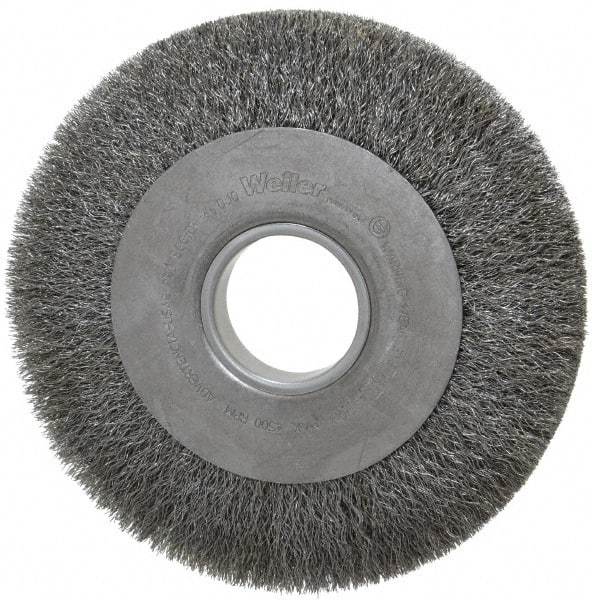 Weiler - 8" OD, 2" Arbor Hole, Crimped Steel Wheel Brush - 1" Face Width, 1-3/8" Trim Length, 0.0104" Filament Diam, 4,500 RPM - Industrial Tool & Supply