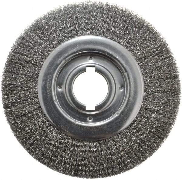 Weiler - 10" OD, 2" Arbor Hole, Crimped Steel Wheel Brush - 1-1/8" Face Width, 2" Trim Length, 0.014" Filament Diam, 3,600 RPM - Industrial Tool & Supply