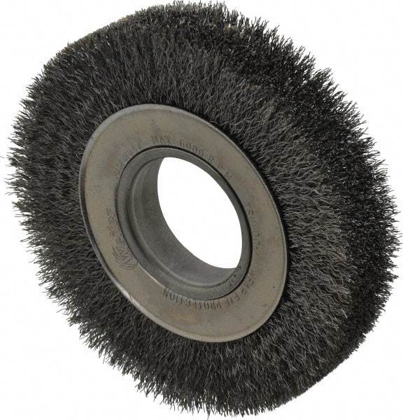 Weiler - 6" OD, 2" Arbor Hole, Crimped Steel Wheel Brush - 1-1/4" Face Width, 1-1/8" Trim Length, 0.0104" Filament Diam, 6,000 RPM - Industrial Tool & Supply
