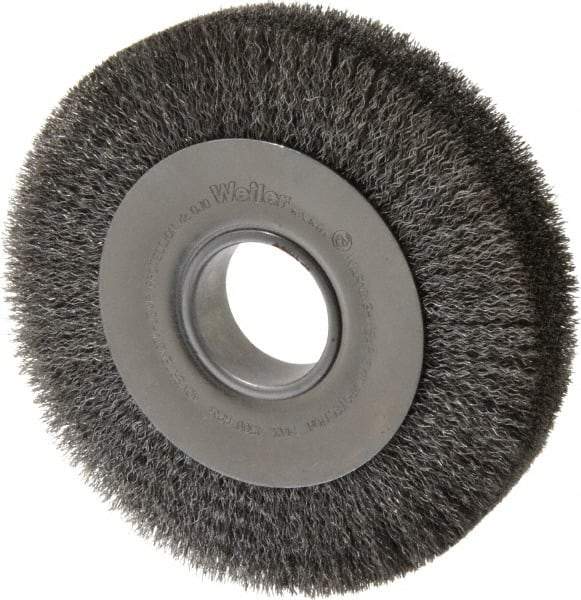 Weiler - 8" OD, 2" Arbor Hole, Crimped Steel Wheel Brush - 1-1/2" Face Width, 1-3/8" Trim Length, 0.0118" Filament Diam, 4,500 RPM - Industrial Tool & Supply