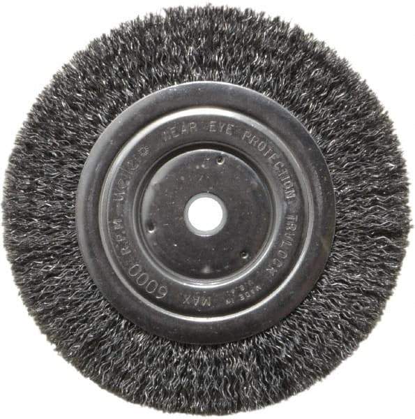 Weiler - 6" OD, 5/8" Arbor Hole, Crimped Steel Wheel Brush - 5/8" Face Width, 1-1/16" Trim Length, 0.014" Filament Diam, 6,000 RPM - Industrial Tool & Supply