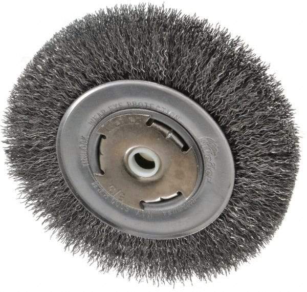 Weiler - 6" OD, 5/8" Arbor Hole, Crimped Steel Wheel Brush - 7/8" Face Width, 1-1/8" Trim Length, 0.014" Filament Diam, 6,000 RPM - Industrial Tool & Supply