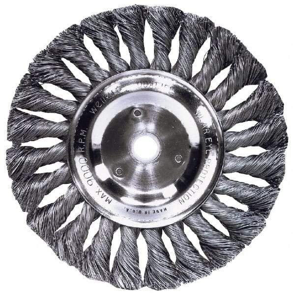 Weiler - 4" OD, M14x2.00 Arbor Hole, Knotted Steel Wheel Brush - 1/2" Face Width, 7/8" Trim Length, 0.014" Filament Diam, 20,000 RPM - Industrial Tool & Supply