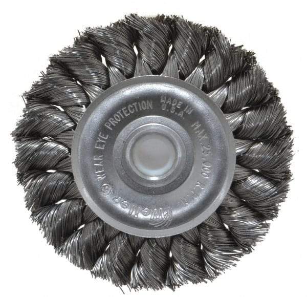 Weiler - 3" OD, 1/2" Arbor Hole, Knotted Steel Wheel Brush - 3/8" Face Width, 5/8" Trim Length, 0.0118" Filament Diam, 25,000 RPM - Industrial Tool & Supply