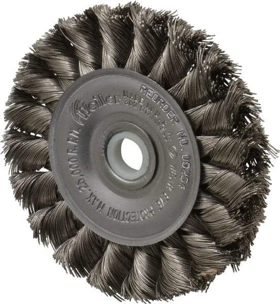 Weiler - 3" OD, 1/2" Arbor Hole, Knotted Stainless Steel Wheel Brush - 3/8" Face Width, 5/8" Trim Length, 0.0118" Filament Diam, 25,000 RPM - Industrial Tool & Supply