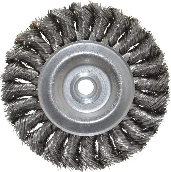 Weiler - 4" OD, 1/2" Arbor Hole, Knotted Steel Wheel Brush - 1/2" Face Width, 7/8" Trim Length, 0.014" Filament Diam, 20,000 RPM - Industrial Tool & Supply