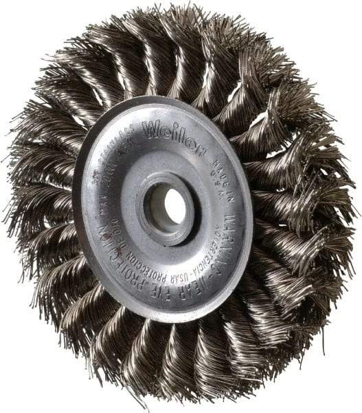 Weiler - 4" OD, 1/2" Arbor Hole, Knotted Stainless Steel Wheel Brush - 1/2" Face Width, 7/8" Trim Length, 0.014" Filament Diam, 20,000 RPM - Industrial Tool & Supply