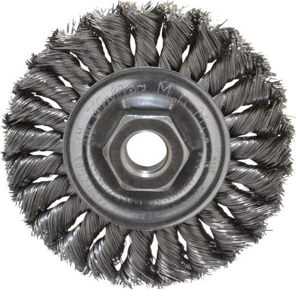 Weiler - 4" OD, 5/8-11 Arbor Hole, Knotted Steel Wheel Brush - 1/2" Face Width, 7/8" Trim Length, 0.014" Filament Diam, 20,000 RPM - Industrial Tool & Supply