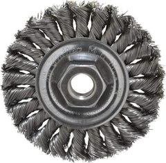 Weiler - 4" OD, 5/8-11 Arbor Hole, Knotted Steel Wheel Brush - 1/2" Face Width, 7/8" Trim Length, 0.014" Filament Diam, 20,000 RPM - Industrial Tool & Supply