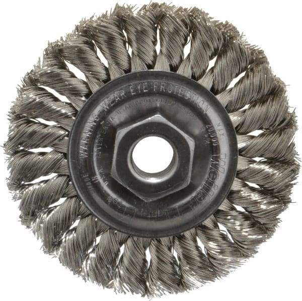 Weiler - 4" OD, 5/8-11 Arbor Hole, Knotted Stainless Steel Wheel Brush - 1/2" Face Width, 7/8" Trim Length, 0.014" Filament Diam, 20,000 RPM - Industrial Tool & Supply