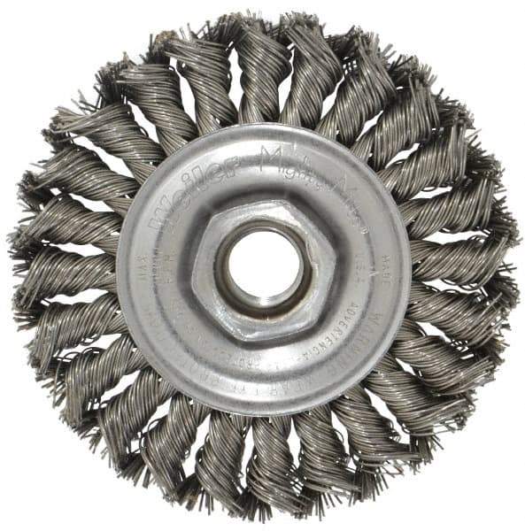Weiler - 4" OD, 5/8-11 Arbor Hole, Knotted Steel Wheel Brush - 1/2" Face Width, 7/8" Trim Length, 0.02" Filament Diam, 20,000 RPM - Industrial Tool & Supply