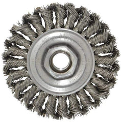 Weiler - 4" OD, 5/8-11 Arbor Hole, Knotted Steel Wheel Brush - 1/2" Face Width, 7/8" Trim Length, 0.02" Filament Diam, 20,000 RPM - Industrial Tool & Supply