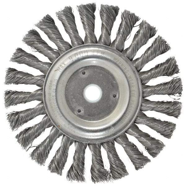 Weiler - 6" OD, 5/8" Arbor Hole, Knotted Steel Wheel Brush - 1/2" Face Width, 1-3/8" Trim Length, 0.014" Filament Diam, 9,000 RPM - Industrial Tool & Supply