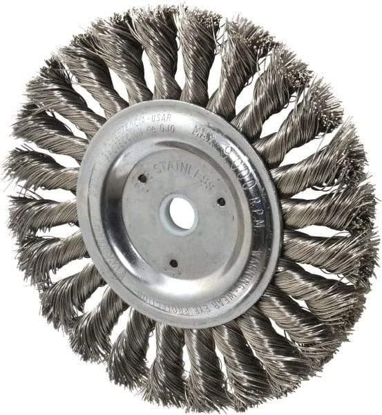 Weiler - 6" OD, 5/8" Arbor Hole, Knotted Stainless Steel Wheel Brush - 1/2" Face Width, 1-3/8" Trim Length, 0.016" Filament Diam, 9,000 RPM - Industrial Tool & Supply