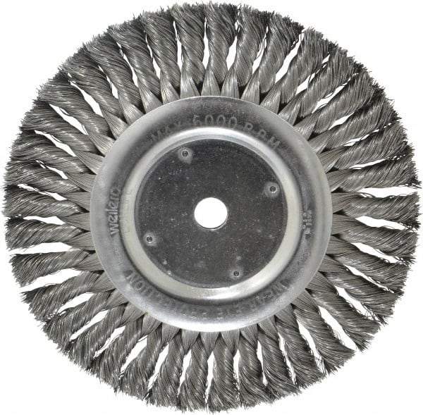 Weiler - 8" OD, 5/8" Arbor Hole, Knotted Steel Wheel Brush - 5/8" Face Width, 1-5/8" Trim Length, 0.014" Filament Diam, 6,000 RPM - Industrial Tool & Supply