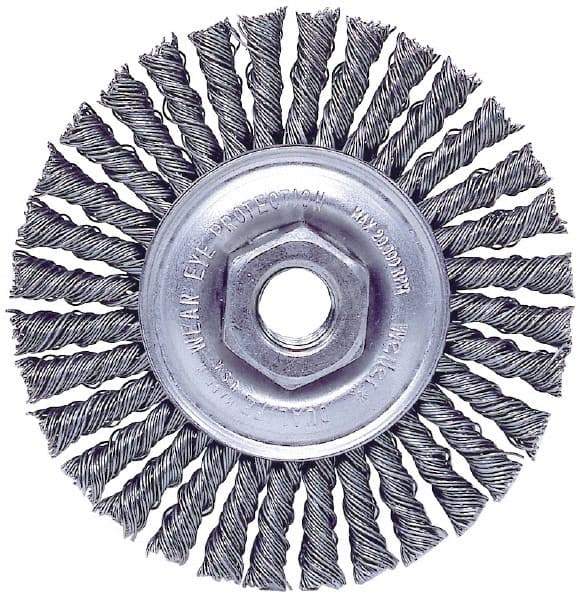 Weiler - 4" OD, M10x1.50 Arbor Hole, Knotted Stainless Steel Wheel Brush - 3/16" Face Width, 7/8" Trim Length, 0.02" Filament Diam, 20,000 RPM - Industrial Tool & Supply