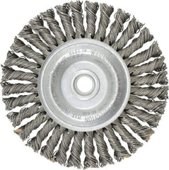 Weiler - 4" OD, 1/2" Arbor Hole, Knotted Steel Wheel Brush - 3/16" Face Width, 7/8" Trim Length, 0.02" Filament Diam, 20,000 RPM - Industrial Tool & Supply
