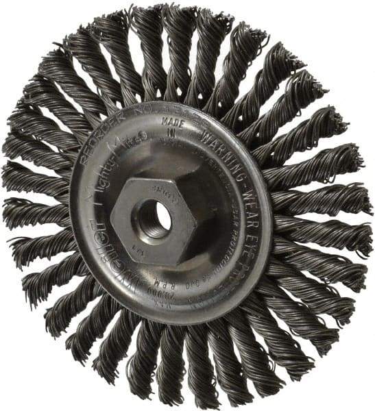 Weiler - 4" OD, 3/8-24 Arbor Hole, Knotted Steel Wheel Brush - 3/16" Face Width, 7/8" Trim Length, 0.02" Filament Diam, 20,000 RPM - Industrial Tool & Supply