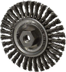 Weiler - 4" OD, 3/8-24 Arbor Hole, Knotted Steel Wheel Brush - 3/16" Face Width, 7/8" Trim Length, 0.02" Filament Diam, 20,000 RPM - Industrial Tool & Supply