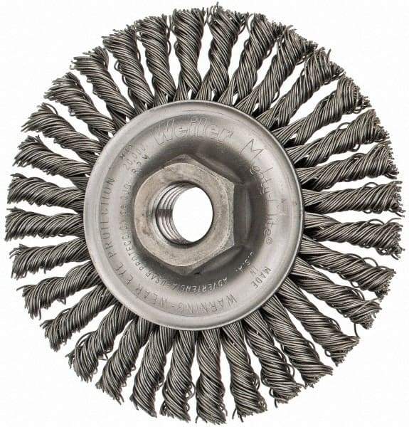 Weiler - 4" OD, 5/8-11 Arbor Hole, Knotted Steel Wheel Brush - 3/16" Face Width, 7/8" Trim Length, 0.02" Filament Diam, 20,000 RPM - Industrial Tool & Supply