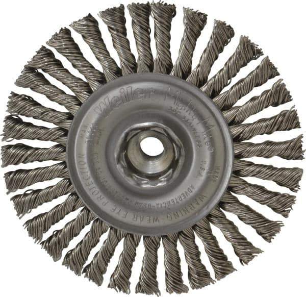 Weiler - 4" OD, 3/8-24 Arbor Hole, Knotted Stainless Steel Wheel Brush - 3/16" Face Width, 7/8" Trim Length, 0.02" Filament Diam, 20,000 RPM - Industrial Tool & Supply