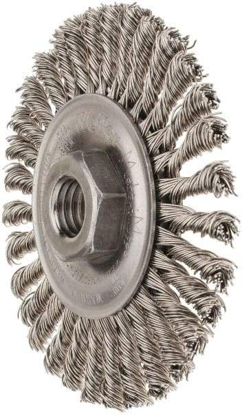Weiler - 4" OD, 5/8-11 Arbor Hole, Knotted Stainless Steel Wheel Brush - 3/16" Face Width, 7/8" Trim Length, 0.02" Filament Diam, 20,000 RPM - Industrial Tool & Supply