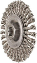 Weiler - 4" OD, 5/8-11 Arbor Hole, Knotted Stainless Steel Wheel Brush - 3/16" Face Width, 7/8" Trim Length, 0.02" Filament Diam, 20,000 RPM - Industrial Tool & Supply