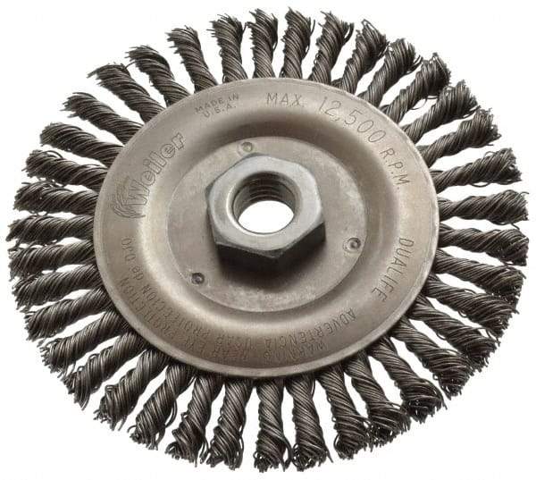 Weiler - 5" OD, 5/8-11 Arbor Hole, Knotted Steel Wheel Brush - 3/16" Face Width, 7/8" Trim Length, 0.02" Filament Diam, 12,500 RPM - Industrial Tool & Supply