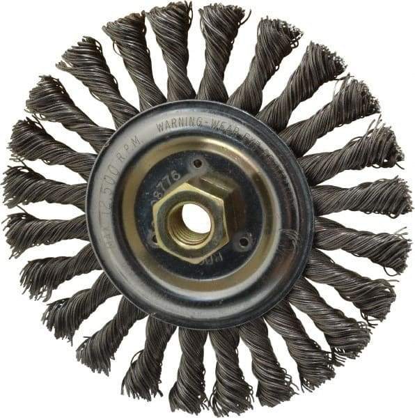 Weiler - 6" OD, 5/8-11 Arbor Hole, Knotted Steel Wheel Brush - 1/2" Face Width, 1-3/8" Trim Length, 0.023" Filament Diam, 12,500 RPM - Industrial Tool & Supply