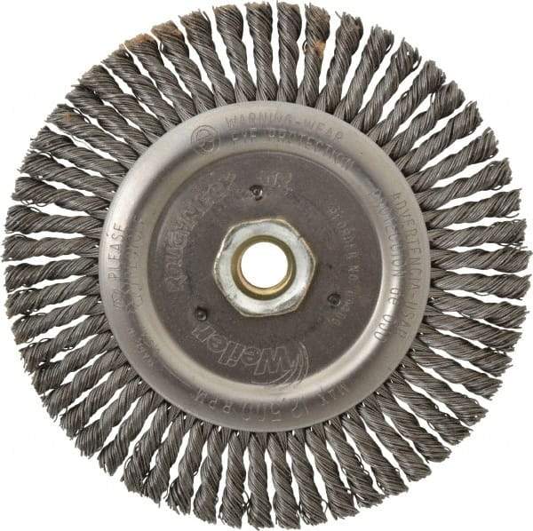 Weiler - 6" OD, 5/8-11 Arbor Hole, Knotted Steel Wheel Brush - 3/16" Face Width, 1-1/8" Trim Length, 0.02" Filament Diam, 12,500 RPM - Industrial Tool & Supply