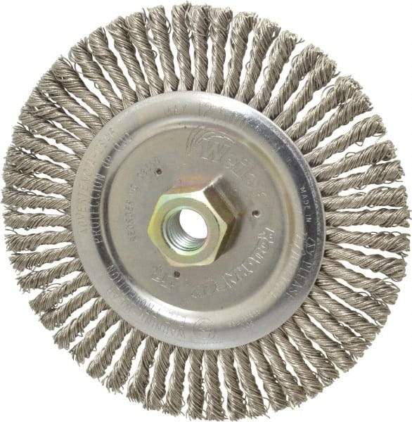 Weiler - 6" OD, 5/8-11 Arbor Hole, Knotted Stainless Steel Wheel Brush - 3/16" Face Width, 1-1/8" Trim Length, 0.02" Filament Diam, 12,500 RPM - Industrial Tool & Supply
