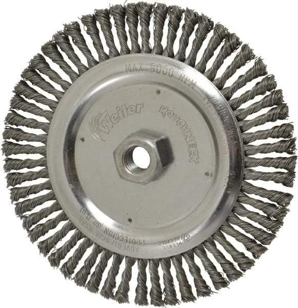Weiler - 6-7/8" OD, 5/8-11 Arbor Hole, Knotted Steel Wheel Brush - 3/16" Face Width, 1-1/8" Trim Length, 0.02" Filament Diam, 9,000 RPM - Industrial Tool & Supply