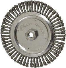 Weiler - 6-7/8" OD, 5/8-11 Arbor Hole, Knotted Steel Wheel Brush - 3/16" Face Width, 1-1/8" Trim Length, 0.02" Filament Diam, 9,000 RPM - Industrial Tool & Supply