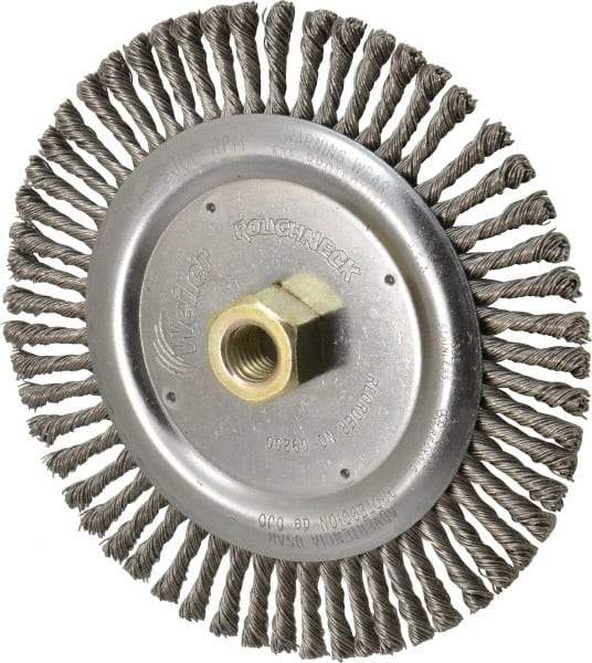 Weiler - 6-7/8" OD, 5/8-11 Arbor Hole, Knotted Stainless Steel Wheel Brush - 3/16" Face Width, 1-1/8" Trim Length, 0.02" Filament Diam, 9,000 RPM - Industrial Tool & Supply