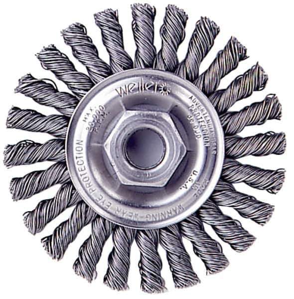 Weiler - 4" OD, 1/2-13 Arbor Hole, Knotted Stainless Steel Wheel Brush - 1/4" Face Width, 0.02" Filament Diam, 20,000 RPM - Industrial Tool & Supply