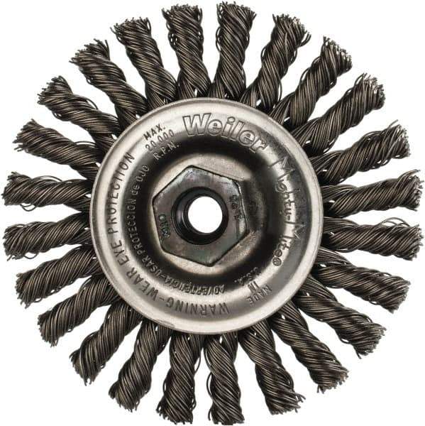Weiler - 4" OD, M10x1.25 Arbor Hole, Knotted Steel Wheel Brush - 1/4" Face Width, 7/8" Trim Length, 0.02" Filament Diam, 20,000 RPM - Industrial Tool & Supply