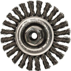 Weiler - 4" OD, M10x1.25 Arbor Hole, Knotted Steel Wheel Brush - 1/4" Face Width, 7/8" Trim Length, 0.02" Filament Diam, 20,000 RPM - Industrial Tool & Supply