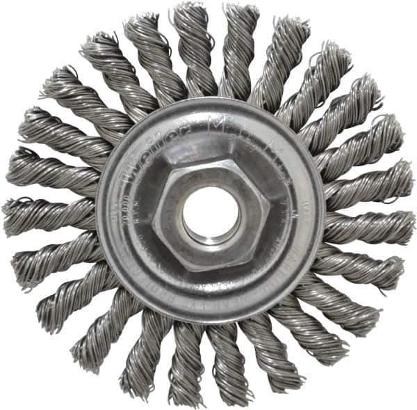 Weiler - 4" OD, 5/8-11 Arbor Hole, Knotted Steel Wheel Brush - 1/4" Face Width, 7/8" Trim Length, 0.02" Filament Diam, 20,000 RPM - Industrial Tool & Supply