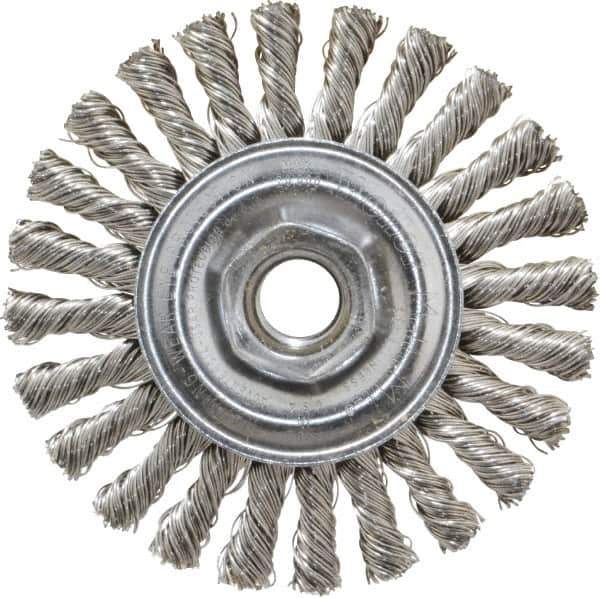 Weiler - 4" OD, 5/8-11 Arbor Hole, Knotted Stainless Steel Wheel Brush - 1/4" Face Width, 7/8" Trim Length, 0.02" Filament Diam, 20,000 RPM - Industrial Tool & Supply