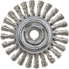Weiler - 4" OD, 5/8-11 Arbor Hole, Knotted Stainless Steel Wheel Brush - 1/4" Face Width, 7/8" Trim Length, 0.02" Filament Diam, 20,000 RPM - Industrial Tool & Supply